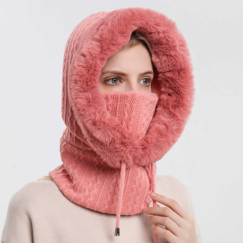 Scarves Winter Fluffy Fur Cap Mask Set Hooded for Women Knitted Cashmere Neck Warm Ballava Bicycle Hat Thick Plush Ski Windproof Y2209