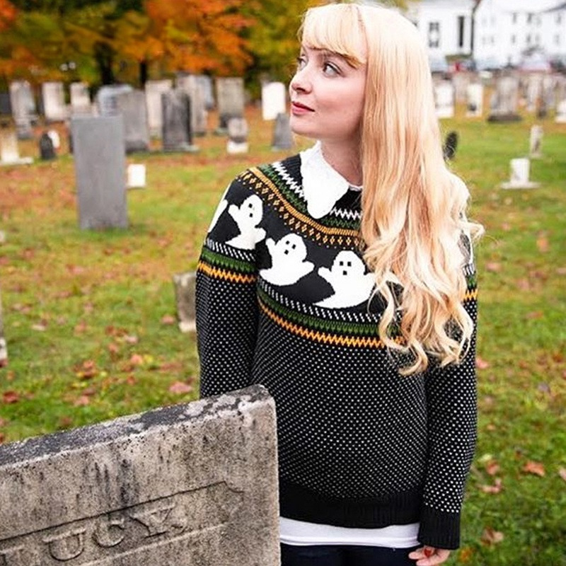 Womens Sweaters Ghost Pattern Knit Sweater Women Fashion Winter Warm Long Sleeve Loose Comfortable Pullover Black Girl Top Halloween Sweatshirt 220923