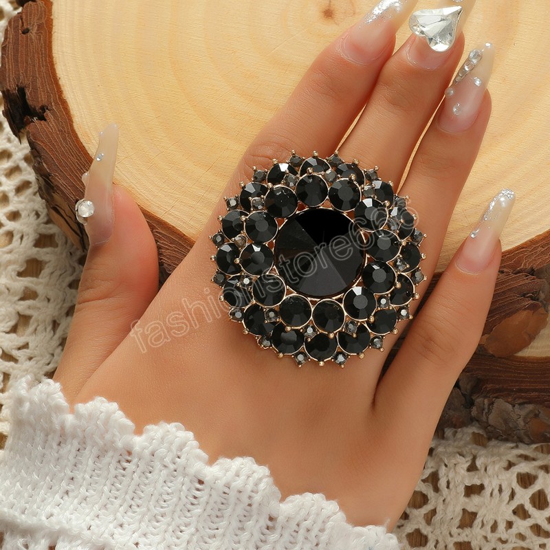 Boho Black Crystal Stone Ring Big Round Rings For Women Vintage Female Wedding Party Jewelry Birthday Gift