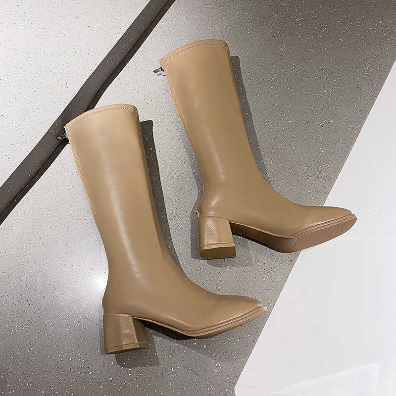 Boots Cream White Black Kaki Women Knee High Bootspu Leather Be Toe Ladies Long Boots Short Plush Women Winter Boots 2022 Wild J220923