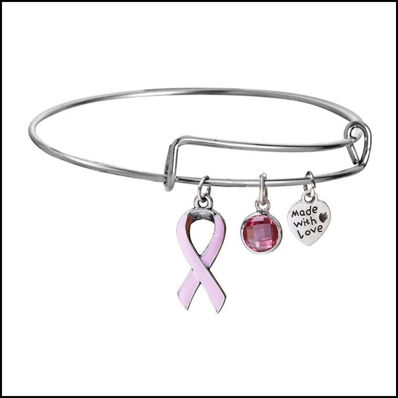 Bangle Breast Cancer Pink Ribbon Crystal Charm Wire Bangles Bracelet Hand Made With Love Bracelets Adjustable Jewelry Gift Bdejewe