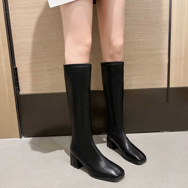 Boots Cream White Black Kaki Women Knee High Bootspu Leather Be Toe Ladies Long Boots Short Plush Women Winter Boots 2022 Wild J220923