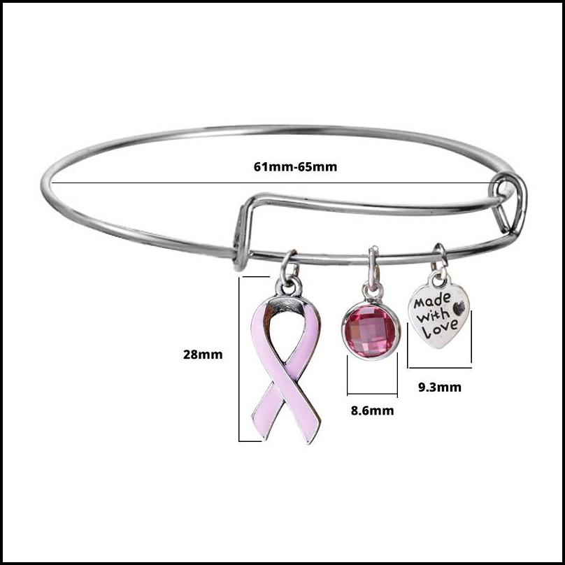 Bangle Breast Cancer Pink Ribbon Crystal Charm Wire Bangles Bracelet Hand Made With Love Bracelets Adjustable Jewelry Gift Bdejewe
