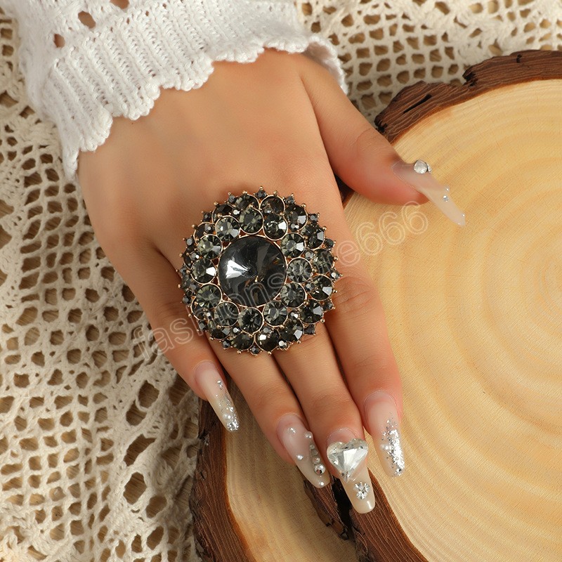 Boho Black Crystal Stone Ring Big Round Rings For Women Vintage Female Wedding Party Jewelry Birthday Gift