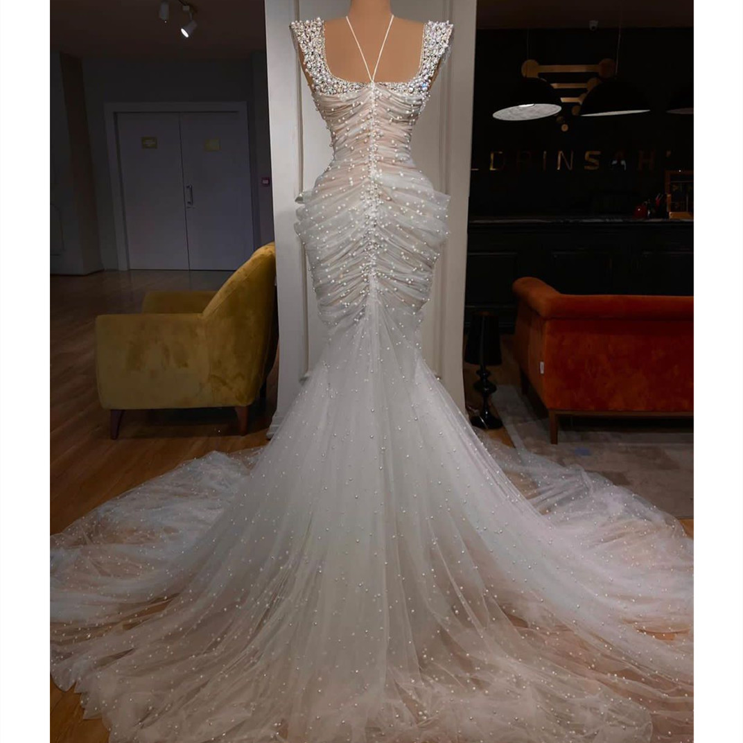 Fashion Mermaid Wedding Dress Spaghetti Straps Sleeveless Halter Appliques Sequins Pearls or Length Ruffles Bridal Gowns Plus Size Vestido de novia