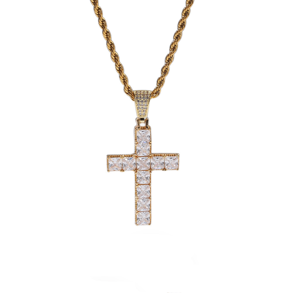 Bling Square Diamond Stone Cross Pendants White Gold Plated Necklace Men Women Lover Gift Religious Jewelry