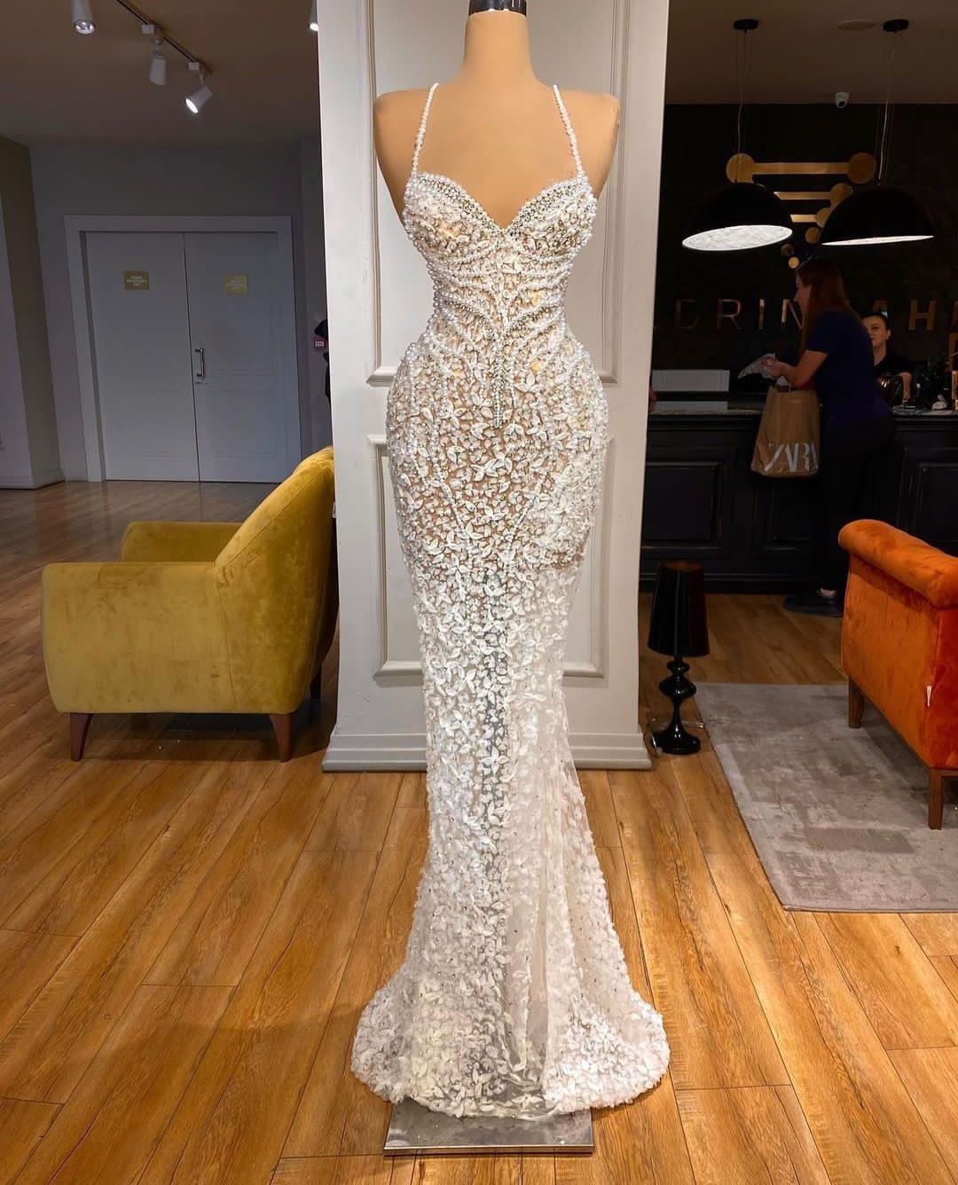 Lace Prom Spaghetti Straps Sleeveless Sweetheart Appliques Shiny Sequins Pearl Beaded Evening Dresses Or Length Party Gowns Plus Size Custom Made Lz03