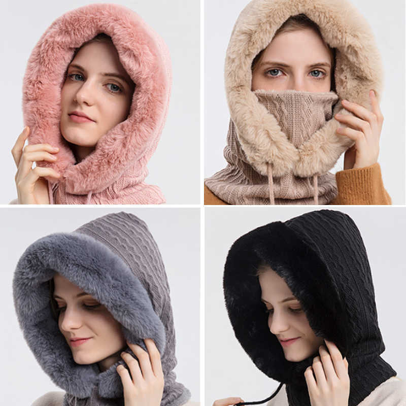 Scarves Winter Fluffy Fur Cap Mask Set Hooded for Women Knitted Cashmere Neck Warm Ballava Bicycle Hat Thick Plush Ski Windproof Y2209