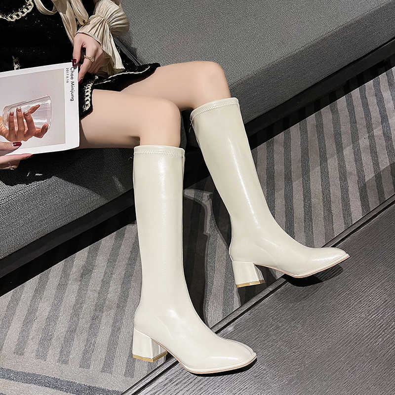 Boots Cream White Black Kaki Women Knee High Bootspu Leather Be Toe Ladies Long Boots Short Plush Women Winter Boots 2022 Wild J220923
