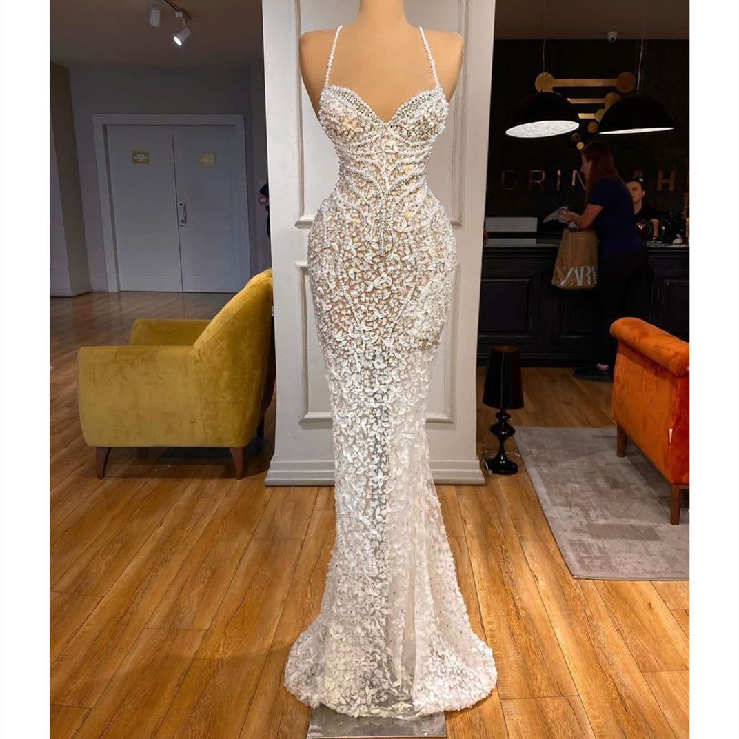 Lace Prom Spaghetti Straps Sleeveless Sweetheart Appliques Shiny Sequins Pearl Beaded Evening Dresses Or Length Party Gowns Plus Size Custom Made Lz03