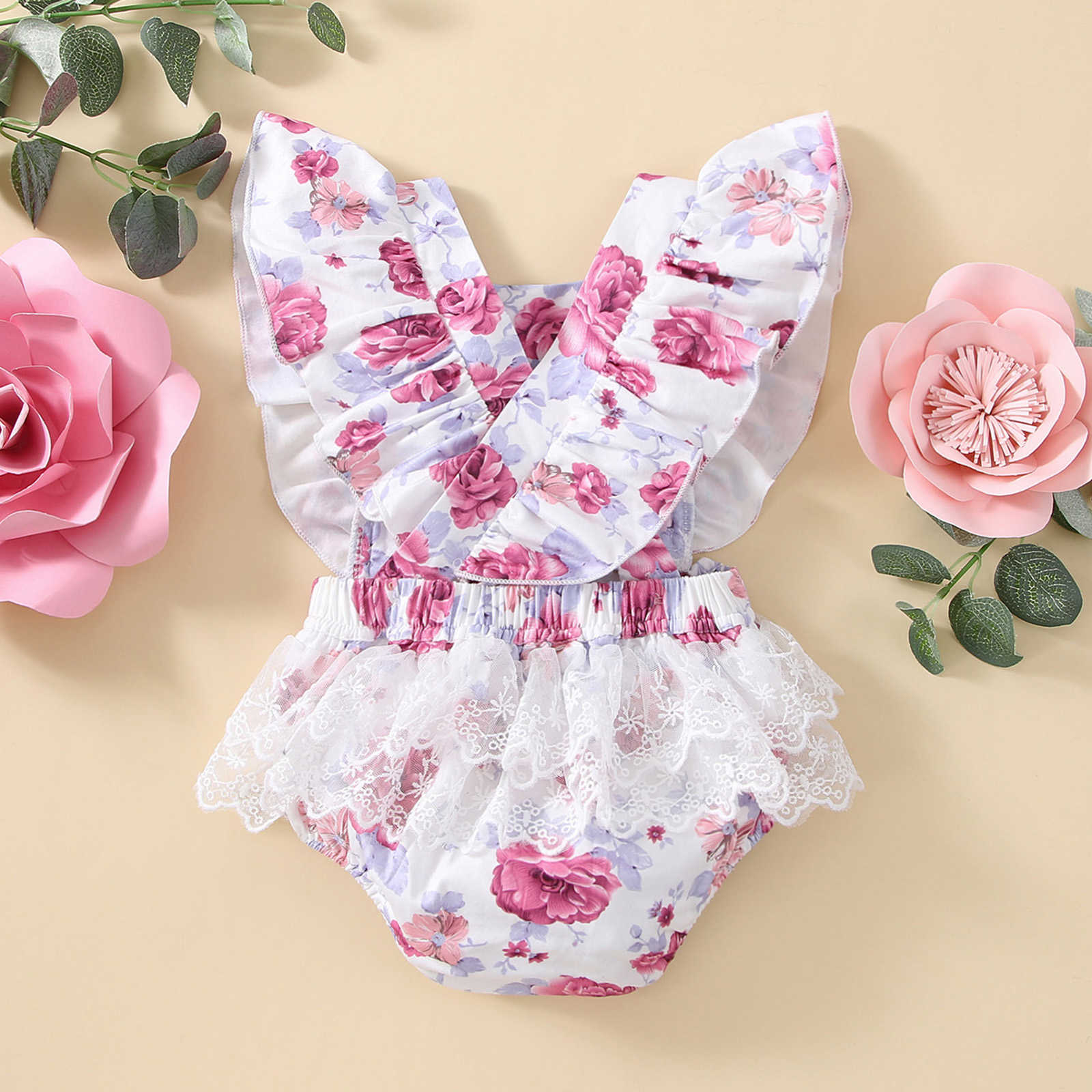 Rompers Summer Baby Girls Romper Flower Print Flying Sleeves Lace Baby Playsuit Jumpsuit Fashion Newborn Clothes 012M J220922