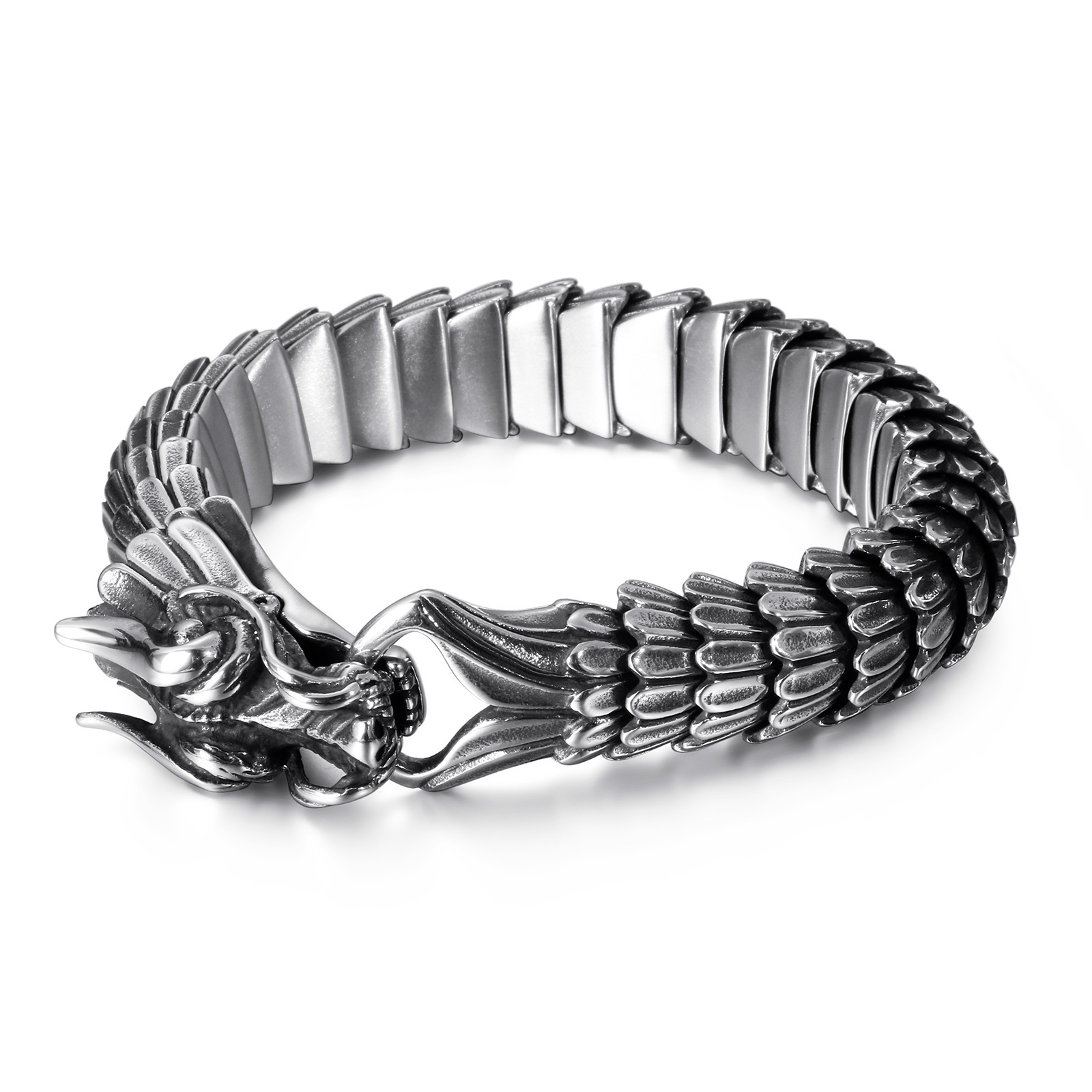 Chinese Dragon Scales Link Chain Bracelets Retro Ancient Silver Solid Stainless Steel Men Bangle