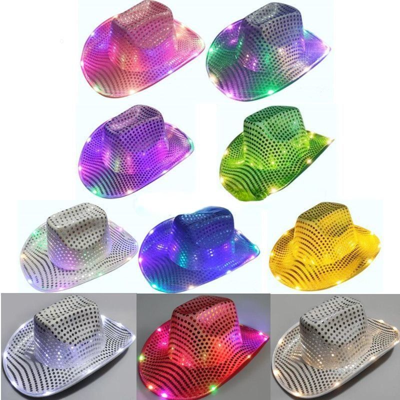Party Hats Space Cowgirl LED Hat Flashing Light Up Sequin Cowboy Hats Luminous Caps Halloween Costume WLY935