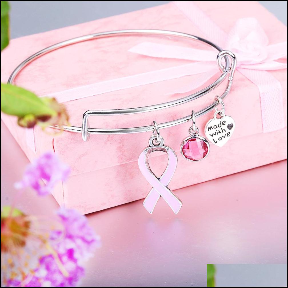 Bangle Breast Cancer Pink Ribbon Crystal Charm Wire Bangles Bracelet Hand Made With Love Bracelets Adjustable Jewelry Gift Bdejewe