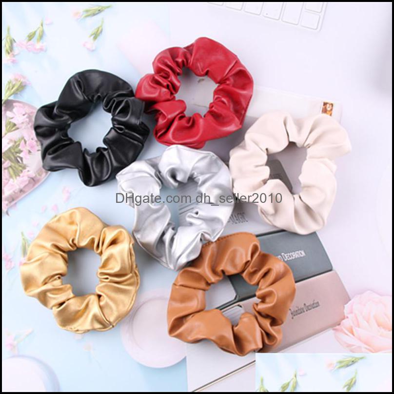 Hair Rubber Bands Pu Leather Hair Rubber Bands Solid Color Coiling Girl Women Elastic Headwear Circle Rope Fashion Jewelry Scrunchie Dhhu0