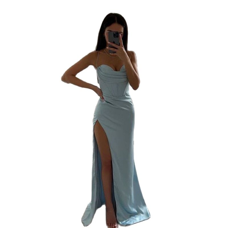 Satin Prom Dresses Satin Ruffle Spaghetti Straps Slit Evening Gowns 2023 Party Formal Robe De