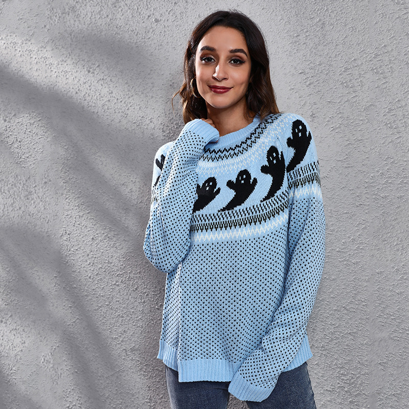 Womens Sweaters Ghost Pattern Knit Sweater Women Fashion Winter Warm Long Sleeve Loose Comfortable Pullover Black Girl Top Halloween Sweatshirt 220923