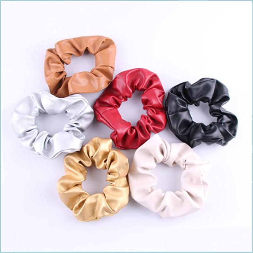 Hair Rubber Bands Pu Leather Hair Rubber Bands Solid Color Coiling Girl Women Elastic Headwear Circle Rope Fashion Jewelry Scrunchie Dhhu0