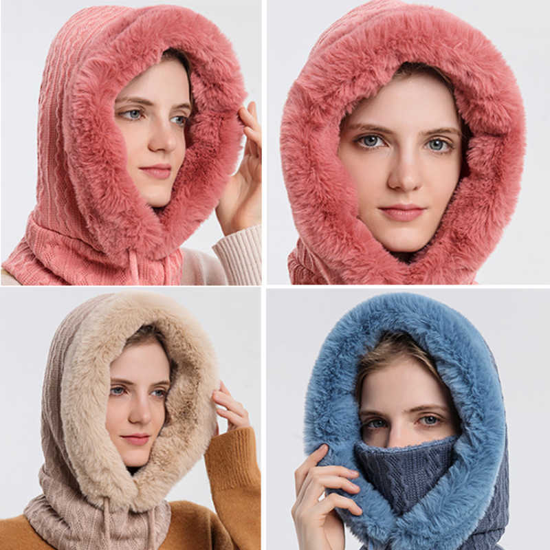 Scarves Winter Fluffy Fur Cap Mask Set Hooded for Women Knitted Cashmere Neck Warm Ballava Bicycle Hat Thick Plush Ski Windproof Y2209