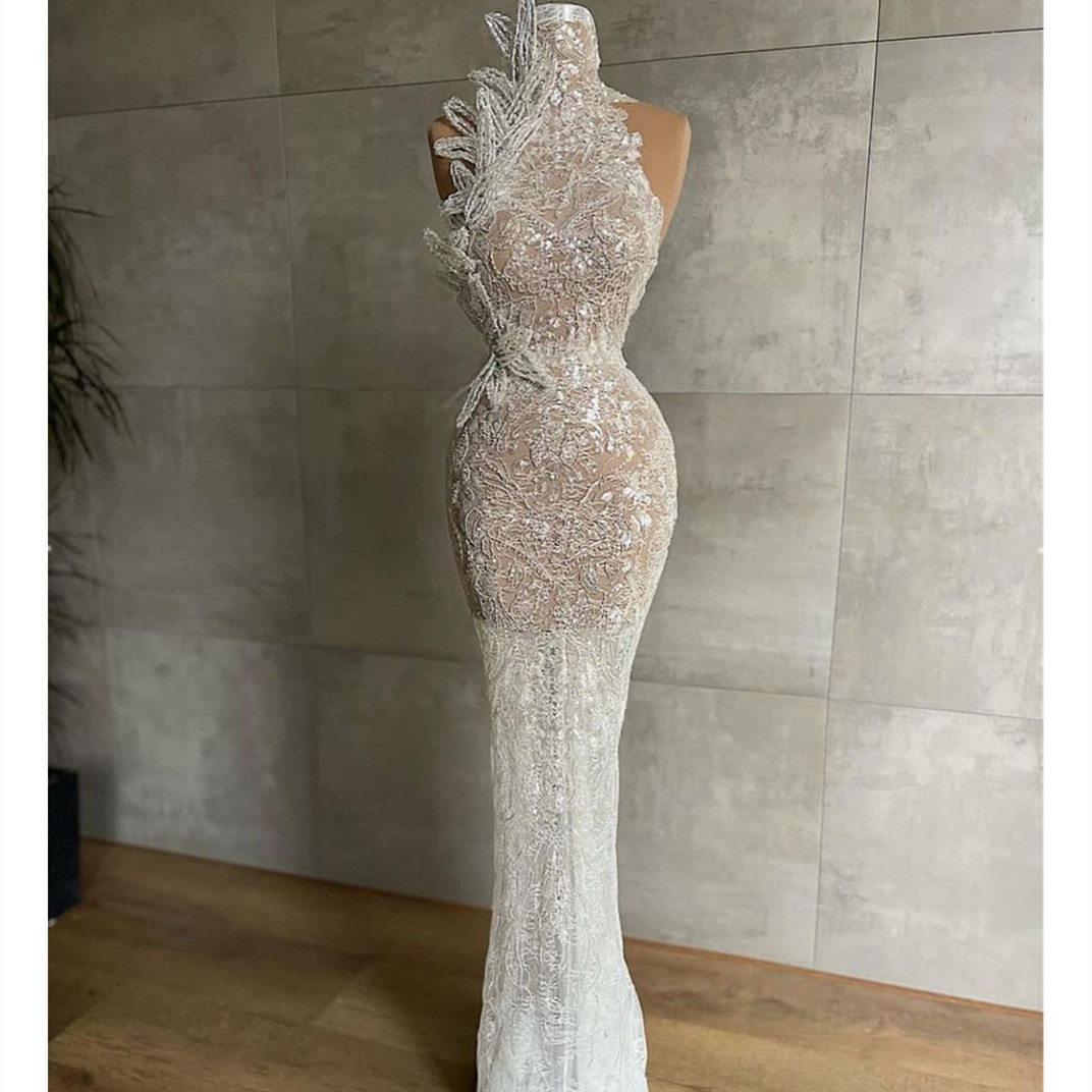 Evening Dresses Sleeveless High Neck Halter Appliques Sequins Shiny Hollow Or Length Elegant Celebrity Plus Size Party Gowns Prom Dress Lz0304
