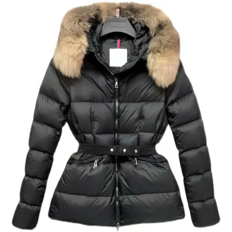 designer Womens Down Parkas Waist Slim Fit Slim Hooded Fur Collar Western Style Fashion Shiny Thick Embroidered Badge Winter Coat