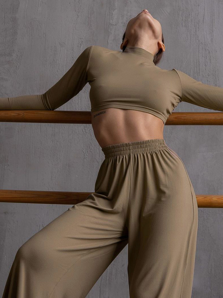 Women's Tracksuits Insta Wide Leg Pant Women Two Piece Set Long Sleeve Solid Autumn Casual Outfit Matching Set Casual Homewear Crop Top Set 22092