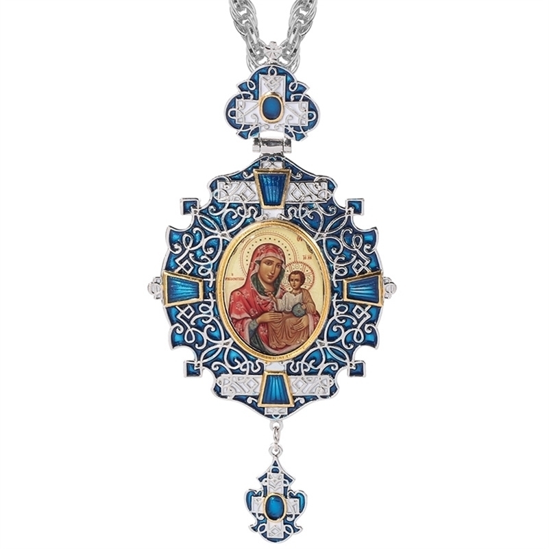Pendant Necklaces Vintage Pectoral Catholic Orthodox Cross Necklace Blue Zircons Enamel Greek Religious Crucifix Jewelry Chain Christmas Gift 220924