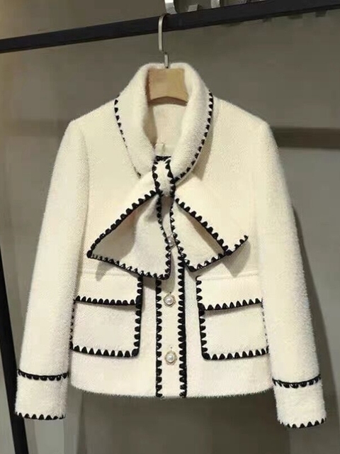 Women's Suits Blazers High Quality Women White Bow Mink Jacket Coat For Female Slim Patchwork Pocket Outerwear Ladies Wool Short Coat Winter Clot