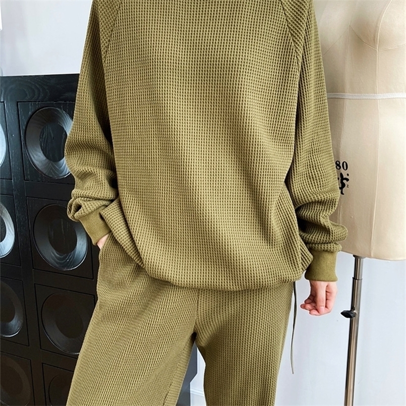 Women's Two Piece Pants Korean style longsleeved waffle sweater trousers twopiece fashion casual sports suit women 220922