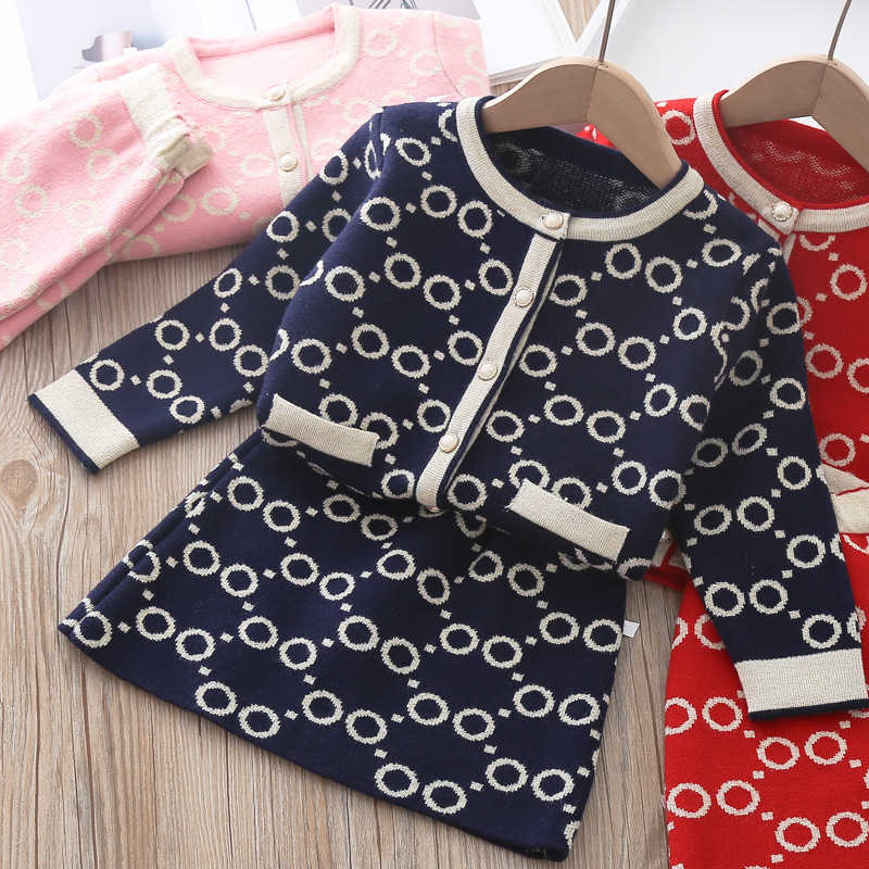 Girls New Winter Clothes Circle Dot Long Sleeve T-shirt And Skirt Two Pieces Spring Kids Clothing Girls Knitted Sweater Set