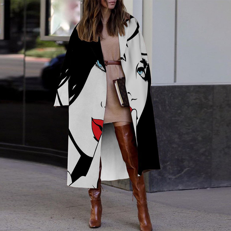 Women's Wool Blends Vintage Abstract Print Turn-Collar Overcoat Autumn Winter Warm Women Long Woolen Coats Fashion Office Ladies Casual Cardigan 