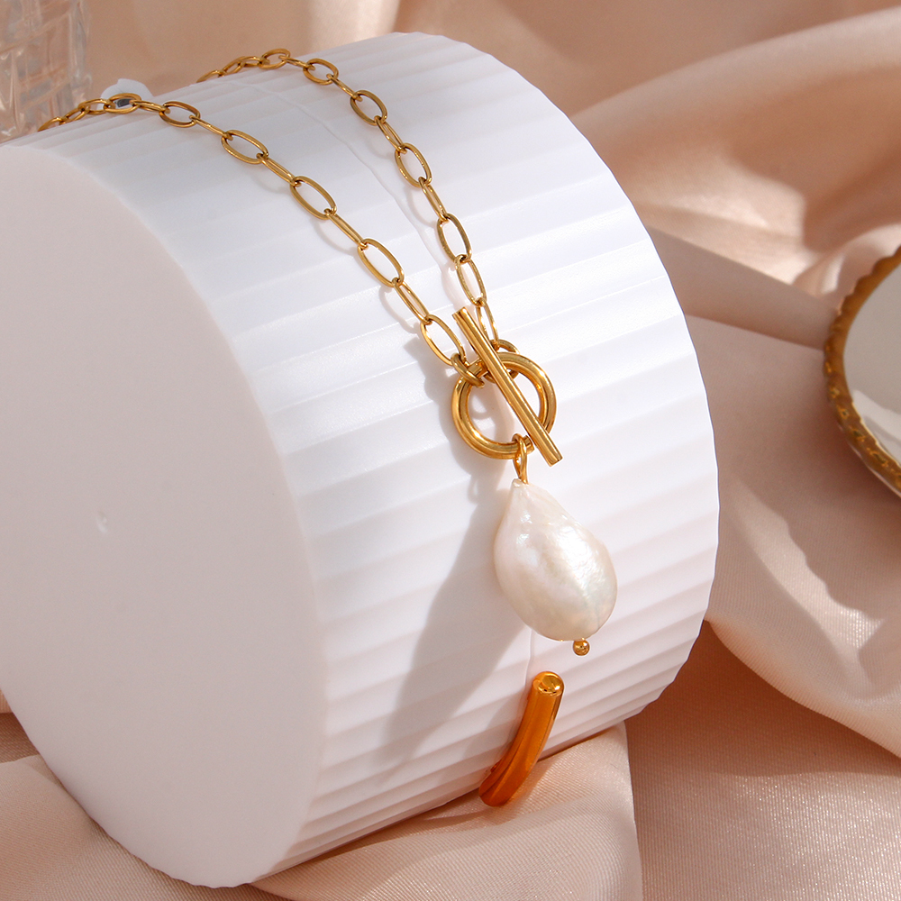 Pendant Necklaces Stainless Steel Paper Clip Chain Toggle Clasp Baroque Freshwater Pearl Necklace Elegant Natural Jewelry For Women 220924