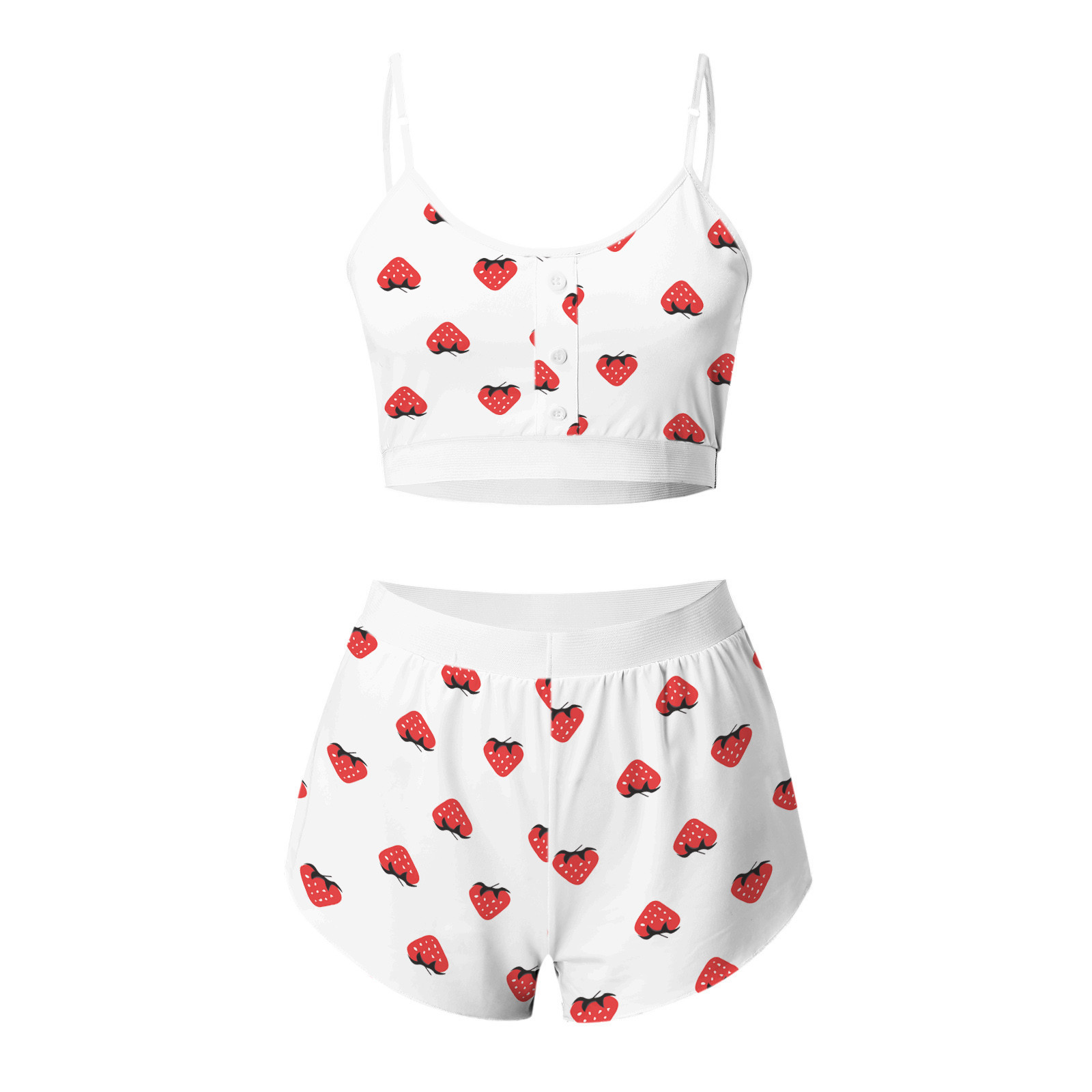 Women's Sleepwear Women's 2 Pieces Kawaii Strawberry Print Frill Cami Pajama Set Cute Crop Top Shorts Suits Lady Sleepwear Sexy Lingerie 220