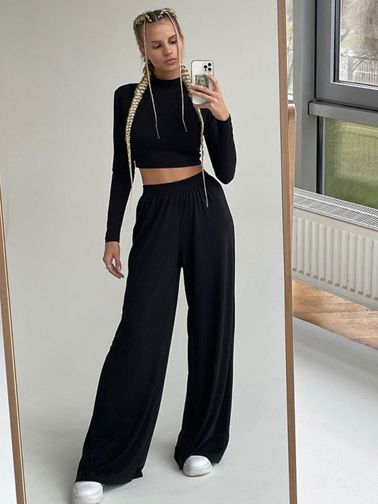 Women's Tracksuits Insta Wide Leg Pant Women Two Piece Set Long Sleeve Solid Autumn Casual Outfit Matching Set Casual Homewear Crop Top Set 22092