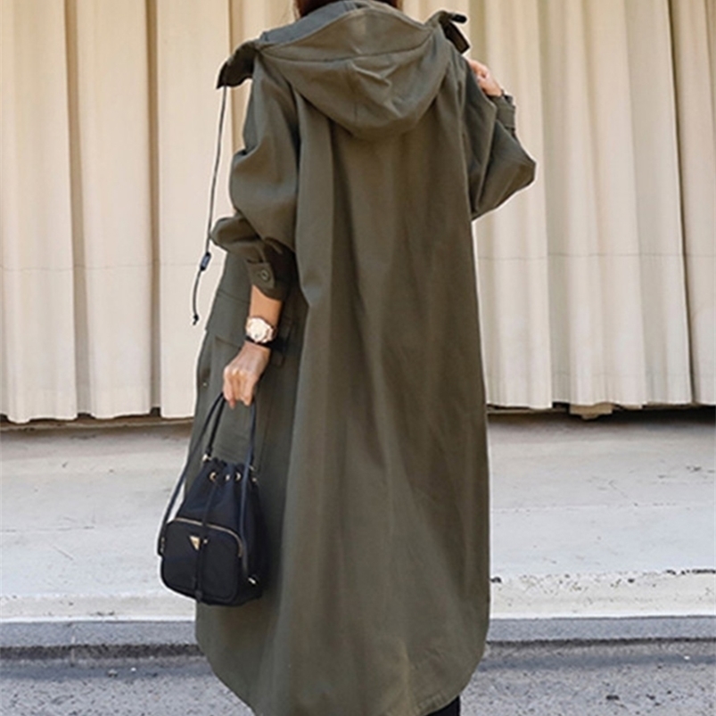 Women's Trench Coats Lautaro Spring Autumn Long ArmyGreen Oversized Waterproof Windbreaker Women Hood Zip Up Casual Loose Bf Varsity Raincoat 220