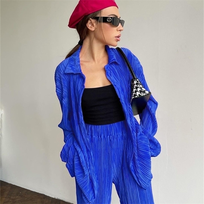 Women's Two Piece Pants Two Piece Set Womens Outfits Set Pleated Women's Suit Elegant Sets Shirt High Waist Trousers Female Suit Fashion Ele