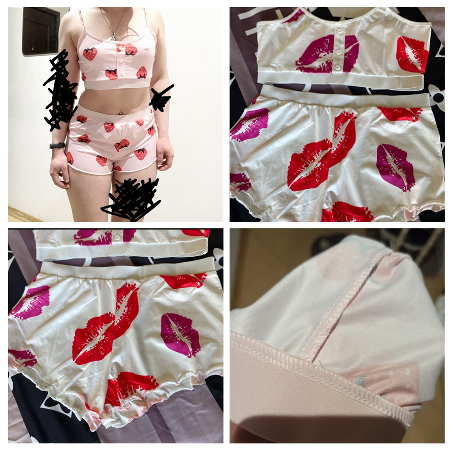 Women's Sleepwear Women's 2 Pieces Kawaii Strawberry Print Frill Cami Pajama Set Cute Crop Top Shorts Suits Lady Sleepwear Sexy Lingerie 220