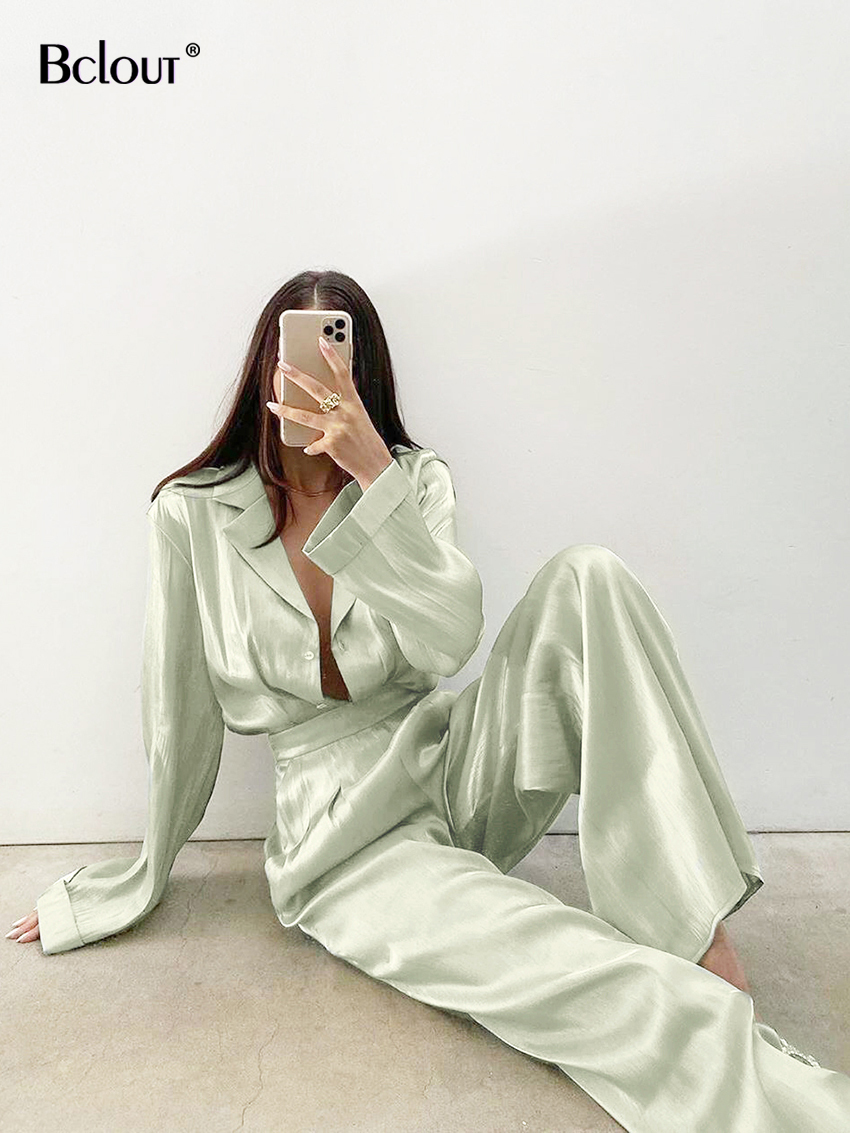 Women's Two Piece Pants Bclout Green Vintage Two Piece Sets Women Autumn Suits Of Elegant Woman Long Sleeve Top And High Waist Pants 2 Piece Set 