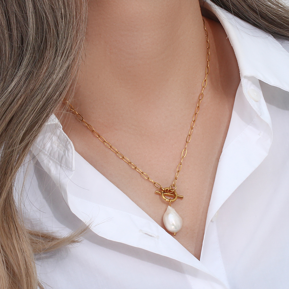Pendant Necklaces Stainless Steel Paper Clip Chain Toggle Clasp Baroque Freshwater Pearl Necklace Elegant Natural Jewelry For Women 220924