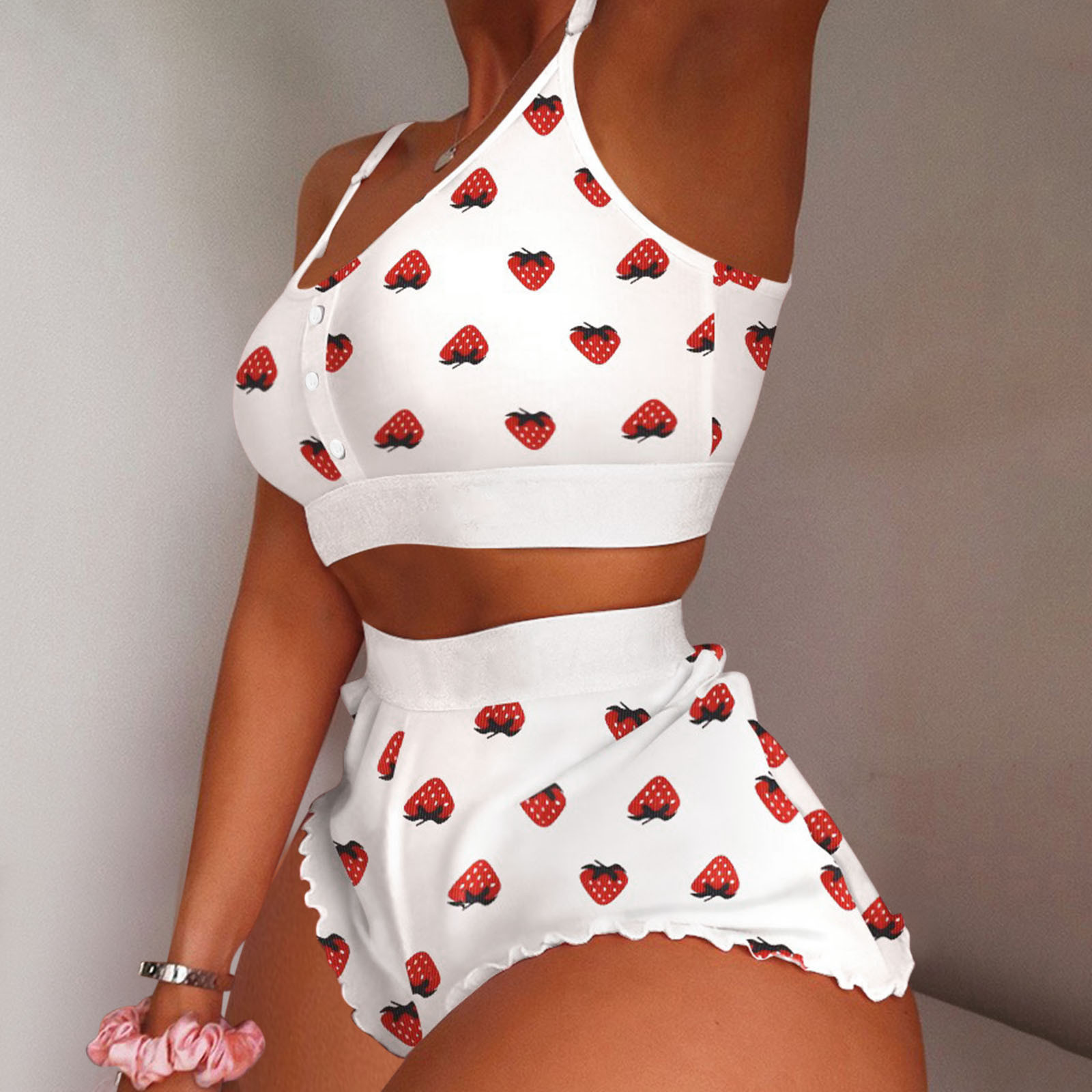 Women's Sleepwear Women's 2 Pieces Kawaii Strawberry Print Frill Cami Pajama Set Cute Crop Top Shorts Suits Lady Sleepwear Sexy Lingerie 220