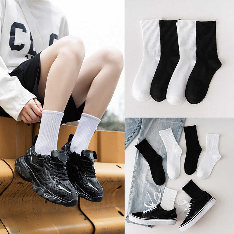 Men's Socks Women Men Daily Basic White Black Stretch Rib Long Middles Length Spring Autumn Winter Cotton Casual G22