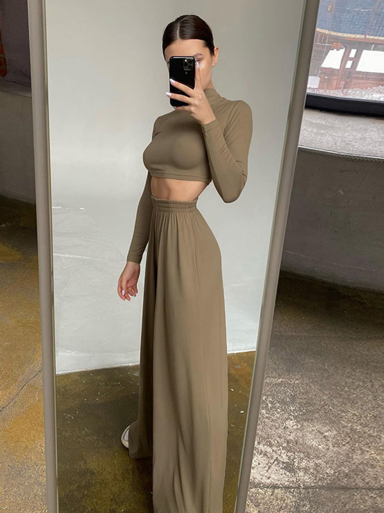 Women's Tracksuits Insta Wide Leg Pant Women Two Piece Set Long Sleeve Solid Autumn Casual Outfit Matching Set Casual Homewear Crop Top Set 22092