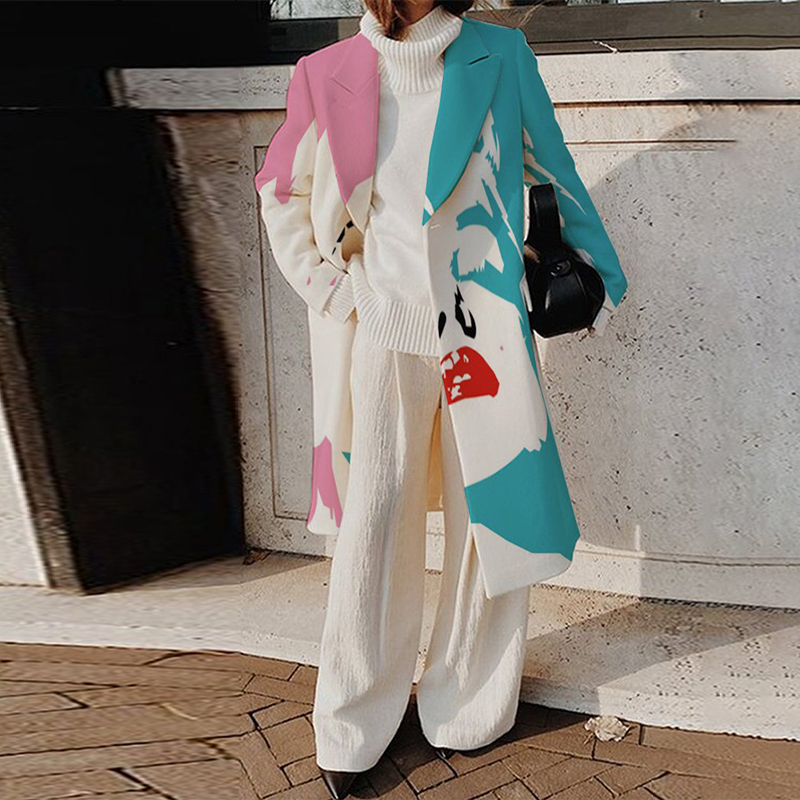 Women's Wool Blends Vintage Abstract Print Turn-Collar Overcoat Autumn Winter Warm Women Long Woolen Coats Fashion Office Ladies Casual Cardigan 