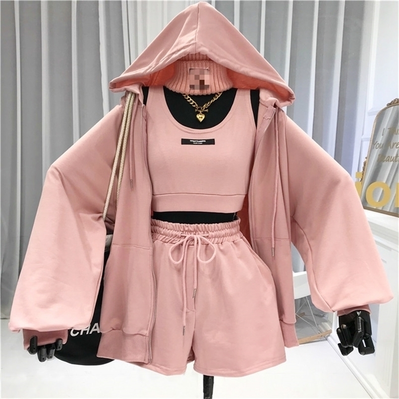 Women's Two Piece Pants Nowsaa Sexy Letter Vest Drawstring Shorts Hooded Zipper Jacket Tracksuit Threepiece Set Casual Allmatch Suit Women 220922