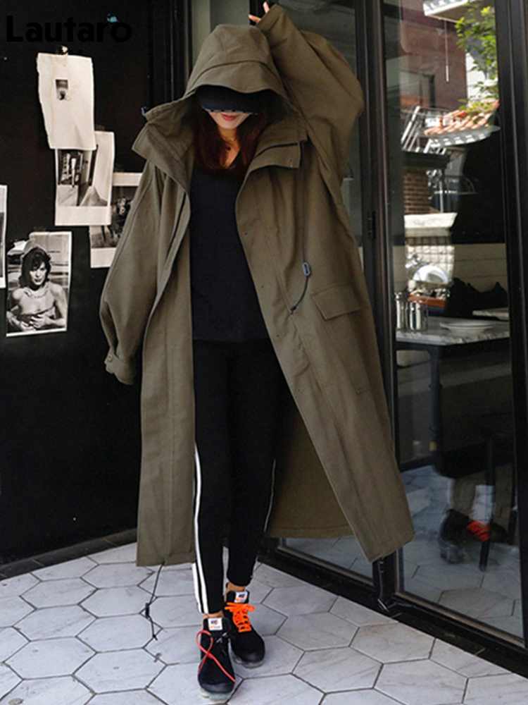 Women's Trench Coats Lautaro Spring Autumn Long ArmyGreen Oversized Waterproof Windbreaker Women Hood Zip Up Casual Loose Bf Varsity Raincoat 220