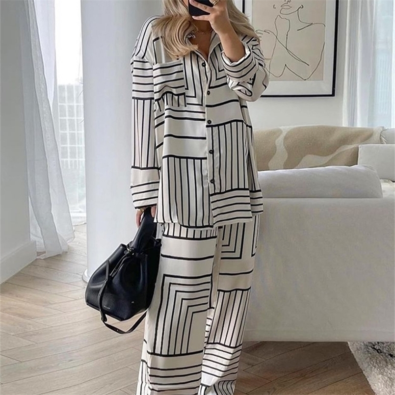 Women's Two Piece Pants Clacive Casual Print High Waist Pants Sets Women Elegant Loose Long Sleeve Blouse Home Two Piece Set Fashion Wide Trouser