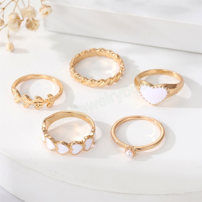Wedding Cute White Heart Pearl Ring Woman Fashion 2022 Leaves Rings Set for Women Girls Party Jewelry