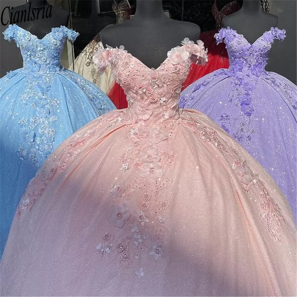 Pink Bling Sequin Lace Sweet 16 Quinceanera Dresses Off The Shoulder 3D Floral Applique Beads Corset Dress Vestidos De 15 Anos Masquerade A17