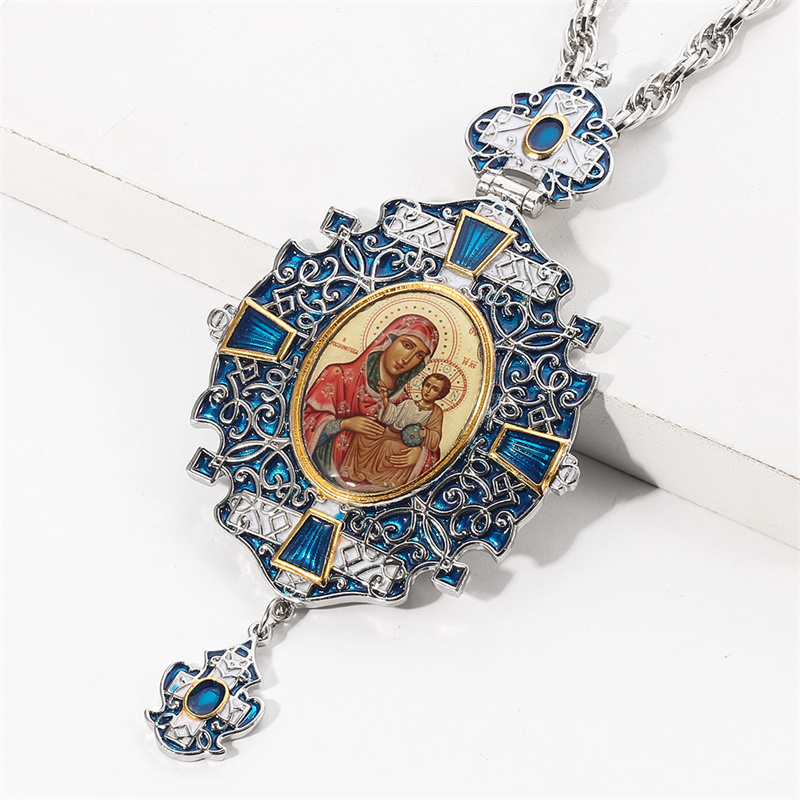 Pendant Necklaces Vintage Pectoral Catholic Orthodox Cross Necklace Blue Zircons Enamel Greek Religious Crucifix Jewelry Chain Christmas Gift 220924