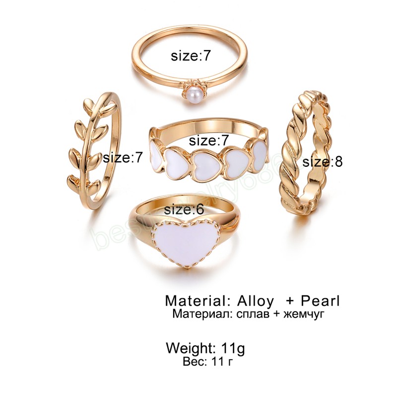 Wedding Cute White Heart Pearl Ring Woman Fashion 2022 Leaves Rings Set for Women Girls Party Jewelry